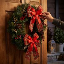 Itens Laço decorativo de Natal, laço para presente, para uso externo, xadrez vermelho, 6 cm de largura, 20 x 29 cm, 2 peças
