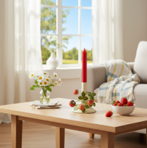 Itens Castiçal de metal com decoração de morango, cor creme de verão, 13 cm de altura.