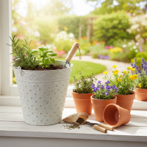 Itens Balde decorativo, pintado de branco, com alça, Ø20,5cm, vaso de metal para decoração.