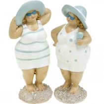 Figura decorativa senhoras na praia, decoração de verão, figuras de banho com chapéu azul/branco H15/15.5cm conjunto de 2