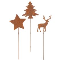 Itens Estaca de jardim em aço corten, com desenho de veado, estrela e pinheiro, 10/15 cm de altura, conjunto com 3 peças.