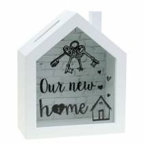 Caixa de poupança &quot;Our New Home&quot; madeira vidro branco 15x7cm Alt.18cm