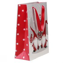 Itens Sacola de presente com alças, estampa de gnomo, nas cores vermelho, cinza e branco, 24×18×8cm, pacote com 4 unidades.