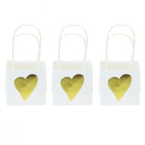 Sacos para presentes com corações e alças em ouro branco 10,5 cm 12 unidades