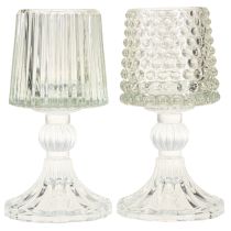 Itens Porta-velas de vidro com base texturizada (pontos e ranhuras), 15 cm de altura, 2 peças.