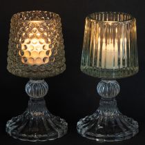 Itens Porta-velas de vidro com base texturizada (pontos e ranhuras), 15 cm de altura, 2 peças.