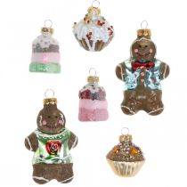 Pingentes de vidro de biscoito de gengibre e cupcakes, mistura de decorações para árvores de Natal, padaria de Natal H4 / 8cm de vidro real 6 unidades