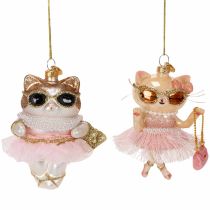 Itens Enfeites de vidro em forma de gato com tutu para decoração de árvore de Natal, 11 cm, 2 peças.