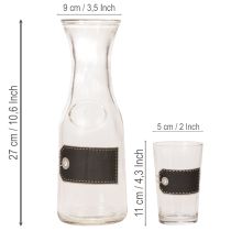 Itens Jarra de vidro com 27 cm de altura e 4 copos com 11 cm de altura.