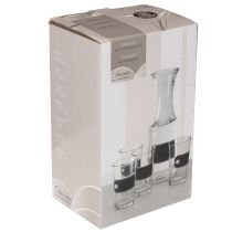 Itens Jarra de vidro com 27 cm de altura e 4 copos com 11 cm de altura.