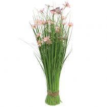 Ramo de grama com flores e borboletas rosa 70cm