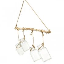 Itens Decoração de janela em madeira com vasos de vidro suspensos para arranjos de flores.