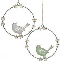 Coroa com pássaro, decoração em metal para pendurar, primavera branco / verde Ø14,5cm conjunto de 2