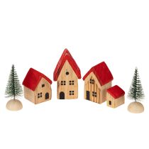 Itens Conjunto de casinhas decorativas de madeira com telhados vermelhos e pinheiros, 12 cm, 6 peças