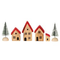 Itens Conjunto de casinhas decorativas de madeira com telhados vermelhos e pinheiros, 12 cm, 6 peças