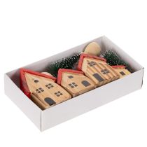 Itens Conjunto de casinhas decorativas de madeira com telhados vermelhos e pinheiros, 12 cm, 6 peças