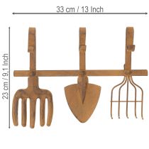 Itens Cabideiro de metal com gancho para ferramentas de jardim, decorações, ancinho, pá e enxada; feito de metal enferrujado, 33,5 cm de comprimento.