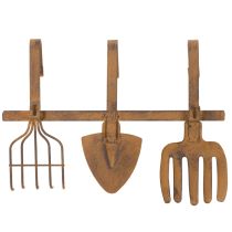 Itens Cabideiro de metal com gancho para ferramentas de jardim, decorações, ancinho, pá e enxada; feito de metal enferrujado, 33,5 cm de comprimento.