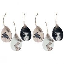 Itens Coelhinho em ovo Ovos de Páscoa de madeira para pendurar branco preto 10cm 6 unid.