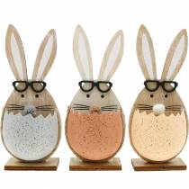 Itens Coelho de madeira em um ovo, decoração de primavera, coelhos com óculos, coelhinhos da Páscoa 3pcs