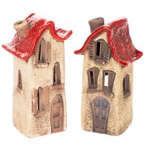 Itens Casinha decorativa de cerâmica com telhado vermelho, iluminada, 15 cm, 2 peças