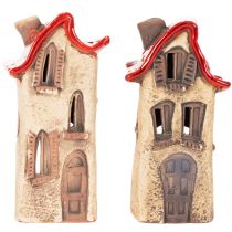 Itens Casinha decorativa de cerâmica com telhado vermelho, iluminada, 15 cm, 2 peças