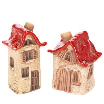 Itens Conjunto de decoração de casinhas de cerâmica, casinhas pequenas com telhado vermelho, 8 cm, 2 peças.