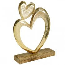 Coração de metal dourado, coração decorativo em madeira de manga, decoração de mesa, coração duplo, Dia dos Namorados