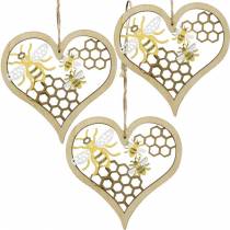 Coração decorativo de abelhas amarelo, coração de madeira dourada para pendurar decoração de verão 6 unidades