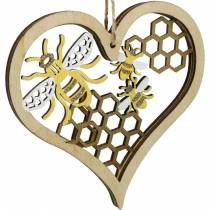 Coração decorativo de abelhas amarelo, coração de madeira dourada para pendurar decoração de verão 6 unidades