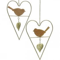 Corações decorativos para pendurar metal com madeira de pássaro 12×18cm 2pcs