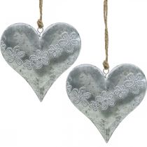 Corações para pendurar, decoração de metal com relevo, Dia dos Namorados, decoração de primavera prata, branco H13cm 4pcs