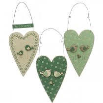Coração para pendurar, decoração de madeira com pássaros, decoração de porta, verde primavera, amarelo H22cm conjunto de 3