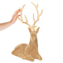 Itens Estatueta decorativa de um veado reclinado com chifres, decoração aveludada, 58 cm