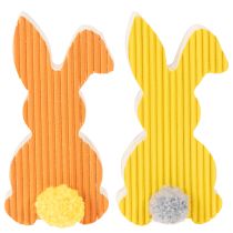 Itens Decorações de Páscoa em madeira com coelhinhos, amarelo e laranja, 4x8cm, 6 peças.