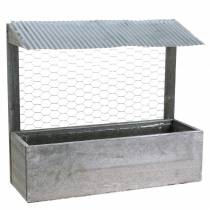 Caixa para plantador de madeira com telhado de zinco e arame de coelho, cinza lavado 38 × 13,5cm Alt.34cm