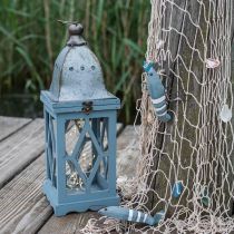 Lanterna de madeira com decoração em metal, lanterna decorativa para pendurar, decoração de jardim azul-prata H51cm