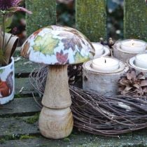 Decoração de cogumelos de madeira folhas de outono brancas, decoração de mesa de cogumelos coloridos Ø10cm H15cm