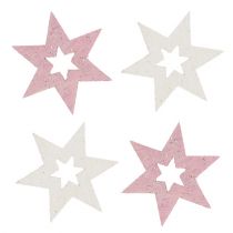 Estrela de madeira 3,5 cm rosa / branco com brilho 72 unidades