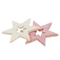 Estrela de madeira 3,5 cm rosa / branco com brilho 72 unidades