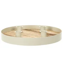 Itens Castiçal para quatro velas finas, bandeja redonda de madeira, 25 cm