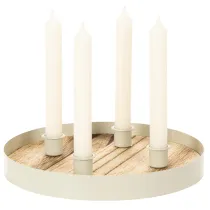 Itens Castiçal para quatro velas finas, bandeja redonda de madeira, 25 cm