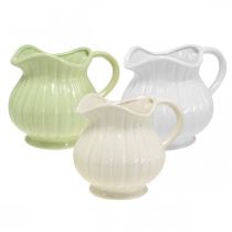 Vaso decorativo, jarro com pega cerâmica verde, branco, creme H14.5cm 3pcs