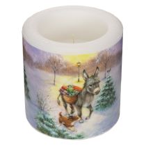 Itens Vela pilar com paisagem de inverno com motivo de burro e cachorro, 10 cm