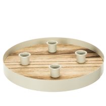 Itens Castiçal para quatro velas finas, bandeja redonda de madeira, 25 cm