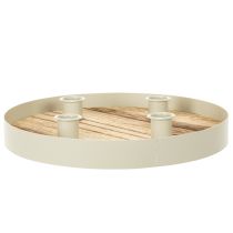 Itens Castiçal para quatro velas finas, bandeja redonda de madeira, 25 cm