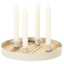 Itens Castiçal para quatro velas finas, bandeja redonda de madeira, 25 cm