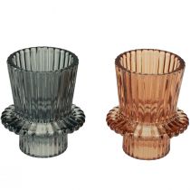 Itens Castiçal de vidro castiçal cinza marrom Alt.6,5 cm 2 unidades