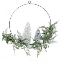 Grinalda iluminada com pinheiros e bolas, Advento, decoração de inverno para pendurar, anel de decoração LED prata L45cm Ø30cm