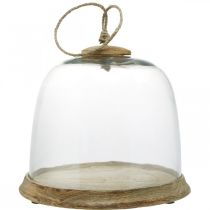 Campainha de vidro com prato de madeira, campainha de bolo com cabo de juta A19cm Ø22,5cm